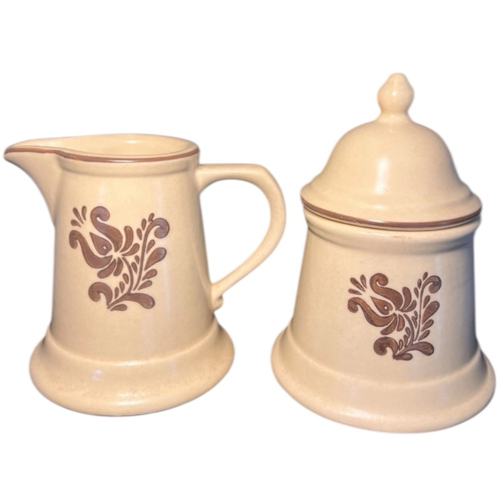 Pfaltzgraff Vintage 'Village' Sugar Bowl with Lid and Creamer Brown & Tan Retro